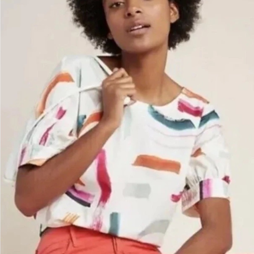 The Art of Anthropologie Shirt Aimee Clark Abstract Art Top Blouse, watercolor
